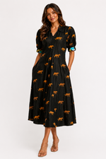 Load image into Gallery viewer, Montauk Dress Black with Embroidered Cheetahs