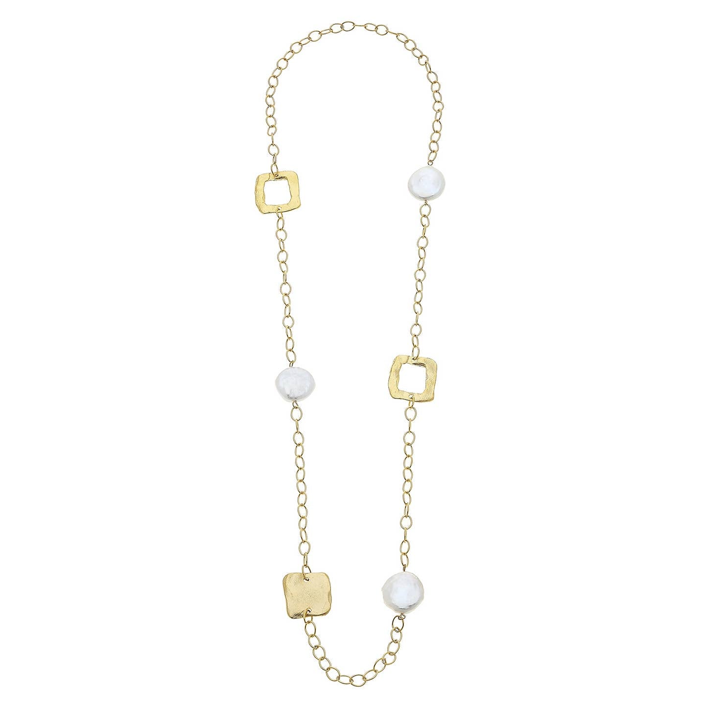 GOLD SQUARE AND GENUINE LARGE COIN PEARL CHAIN NECKLACE