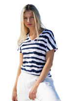 Load image into Gallery viewer, STRIPED V-NECK TOP - NAVY
