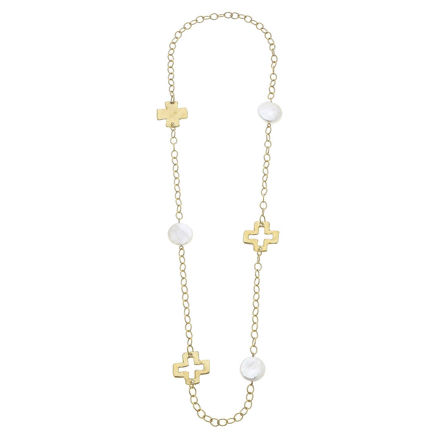 GOLD CROSS AND GENUINE LARGE COIN PEARL CHAIN NECKLACE