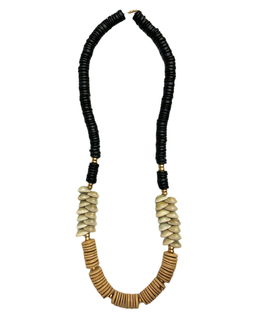 COCONUT WOOD & COWRIE SHELL NECKLACE - Black