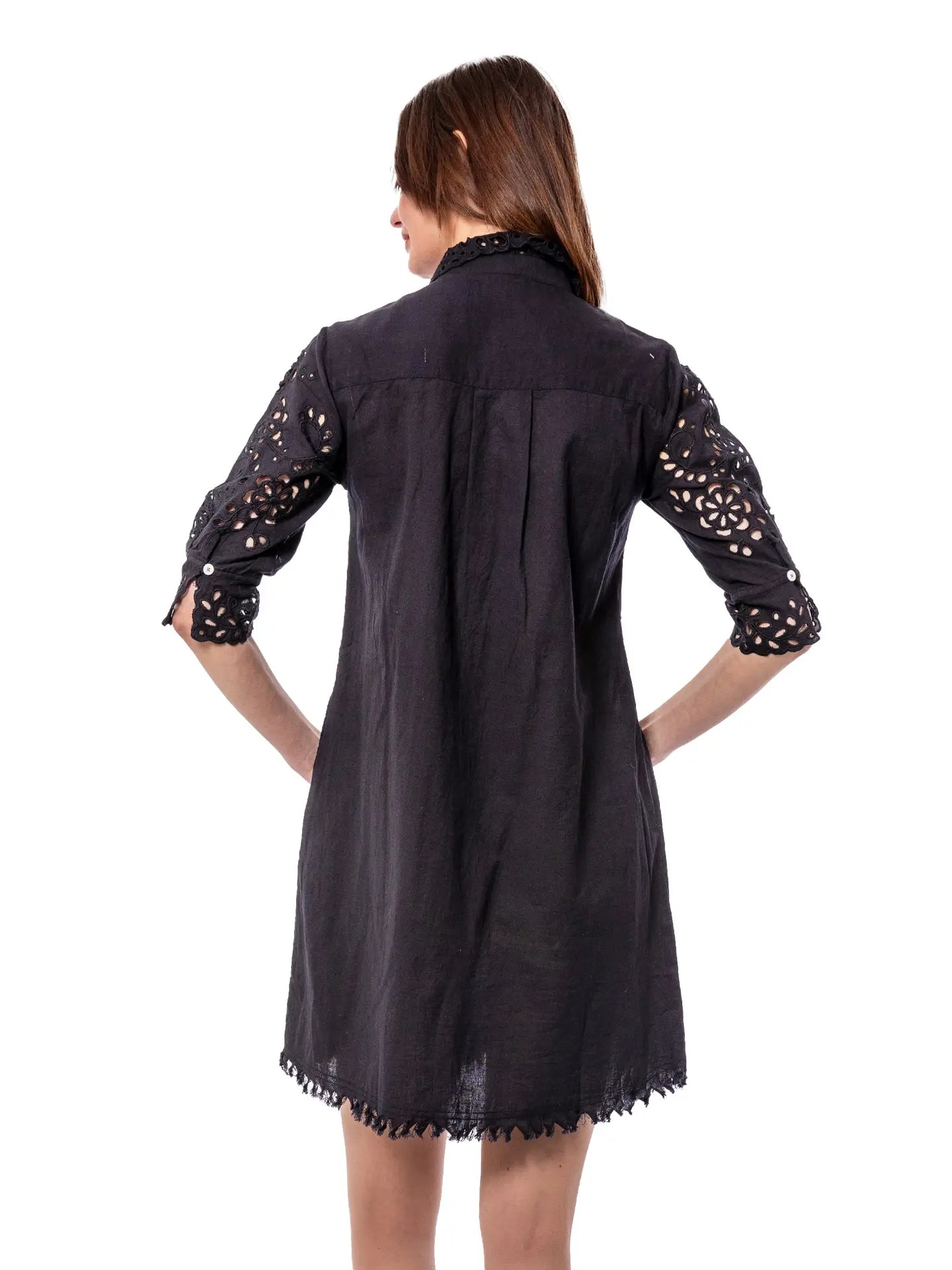 black eyelet dress Yara Mini and the material is composed of 80% viscose and 20% nylon Velvet by Graham & Spencer
