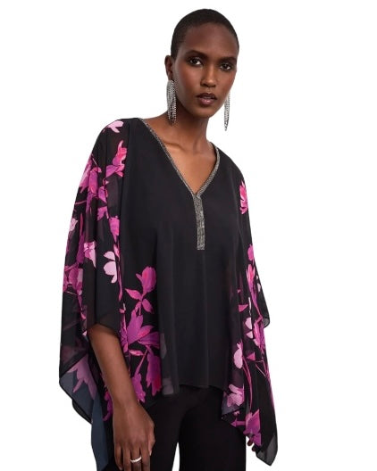 FLORAL CAPE SLEEVE FLOWY TOP