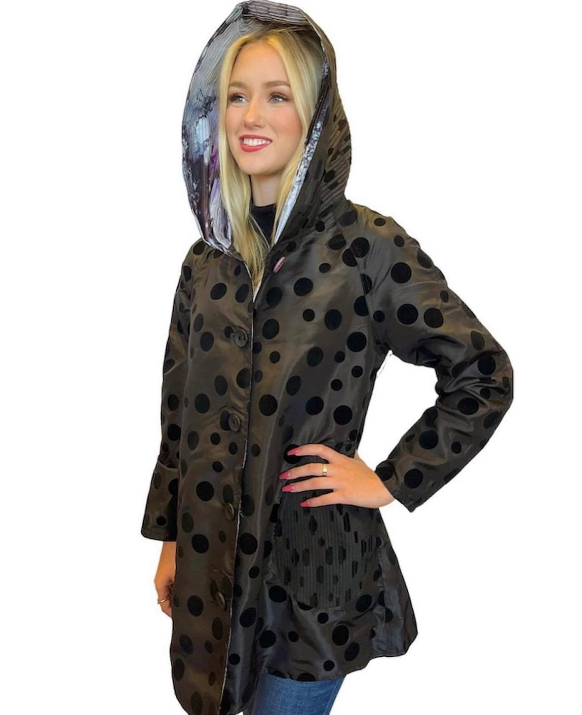 REVERSIBLE RAINCOAT -Black Polka Dots/Black Orchid