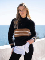 Load image into Gallery viewer, STRIPED EYELASH SWEATER - Black &amp; Camel
