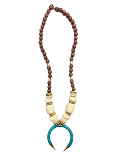 WOOD & AFRICAN BONE BEAD NECKLACE - Turquoise