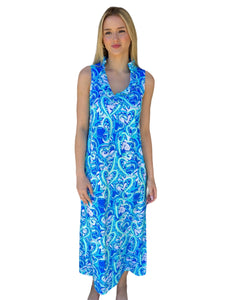 RUFFLE COLLAR MAXI DRESS - Blue Hearts