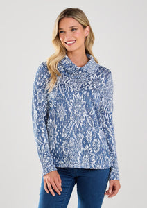 COWL NECK SWEATER - White/Indigo