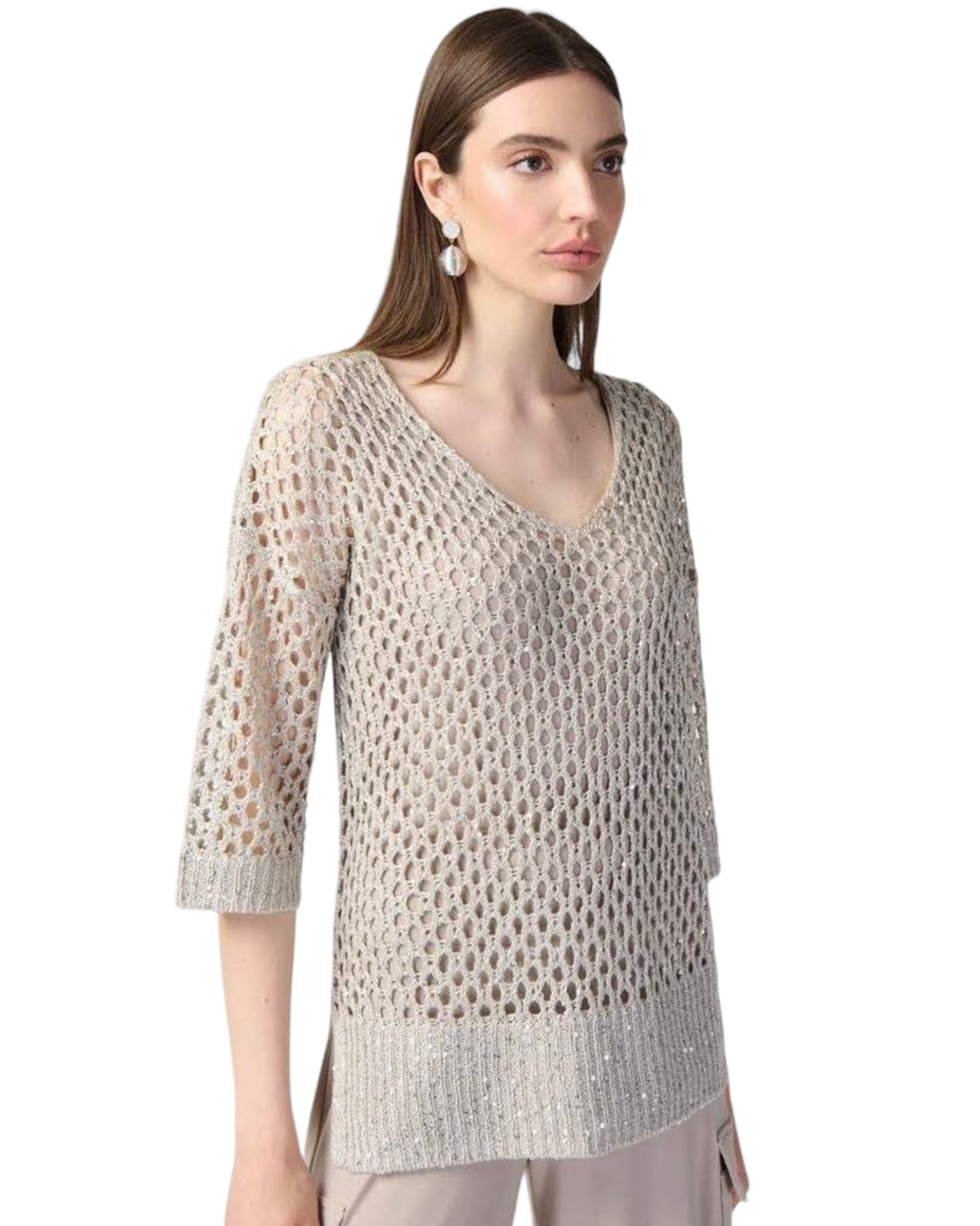 SEQUIN DETAIL CROCHET TOP - Tan