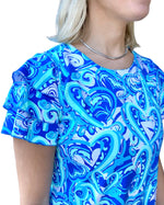 Load image into Gallery viewer, RUFFLE SLEEVE DRESS - Blue &amp; Green Hearts
