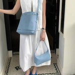 Load image into Gallery viewer, Flower Perforated Microfiber Leather Duo Bag- Blue
