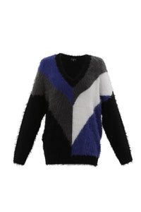 V-NECK EYELASH SWEATER - Blue Multi