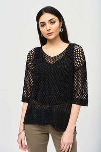 SEQUIN DETAIL CROCHET TOP - Black