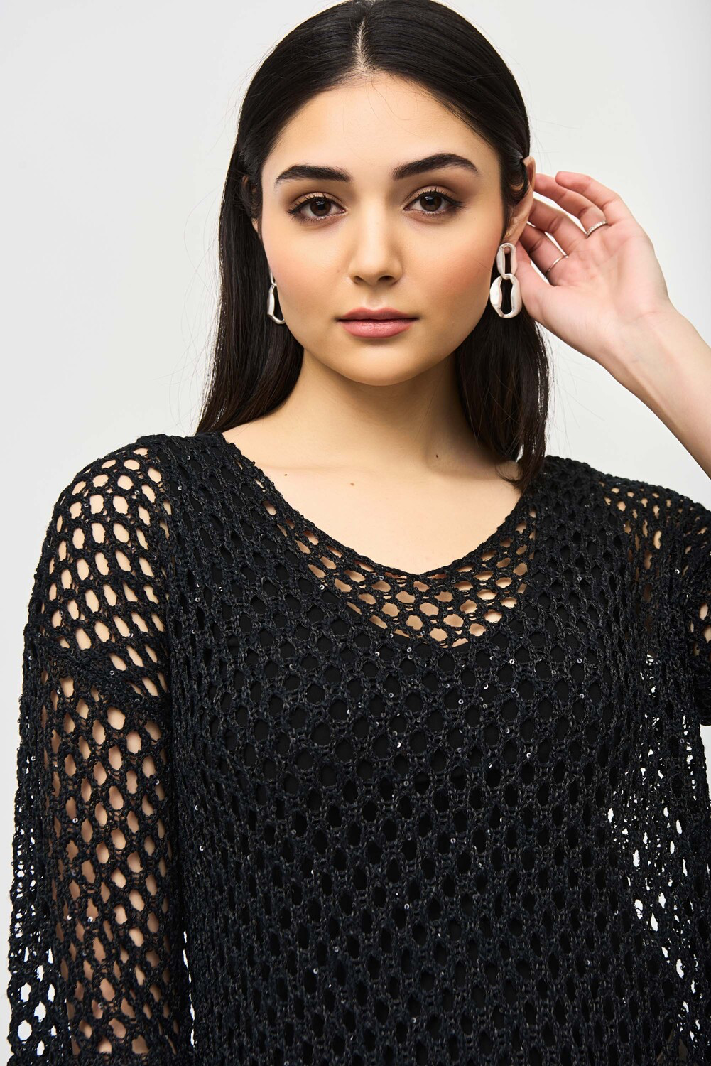 SEQUIN DETAIL CROCHET TOP - Black