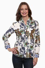 Load image into Gallery viewer, Dizzy Lizzie Cape Cod Top Cheetahs and Floral On Ivory Cotton Linen Ground
