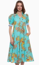 Load image into Gallery viewer, Montauk Dress Linen Cotton Turquoise Dragons Print
