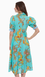 Load image into Gallery viewer, Montauk Dress Linen Cotton Turquoise Dragons Print
