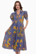 Load image into Gallery viewer, Montauk Dress Linen Cotton Blue Dragons Print
