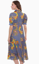 Load image into Gallery viewer, Montauk Dress Linen Cotton Blue Dragons Print
