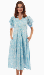 Load image into Gallery viewer, Montauk Dress Light Blue Elephants and Palm Trees
