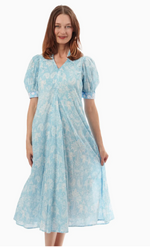 Load image into Gallery viewer, Montauk Dress Light Blue Elephants and Palm Trees
