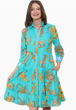Load image into Gallery viewer, Delray Dress Linen Cotton Turquoise Dragons Print
