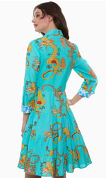 Load image into Gallery viewer, Delray Dress Linen Cotton Turquoise Dragons Print

