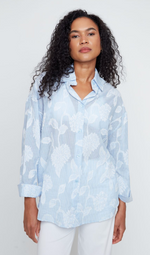 Load image into Gallery viewer, Blue Stripe White Floral Button Down
