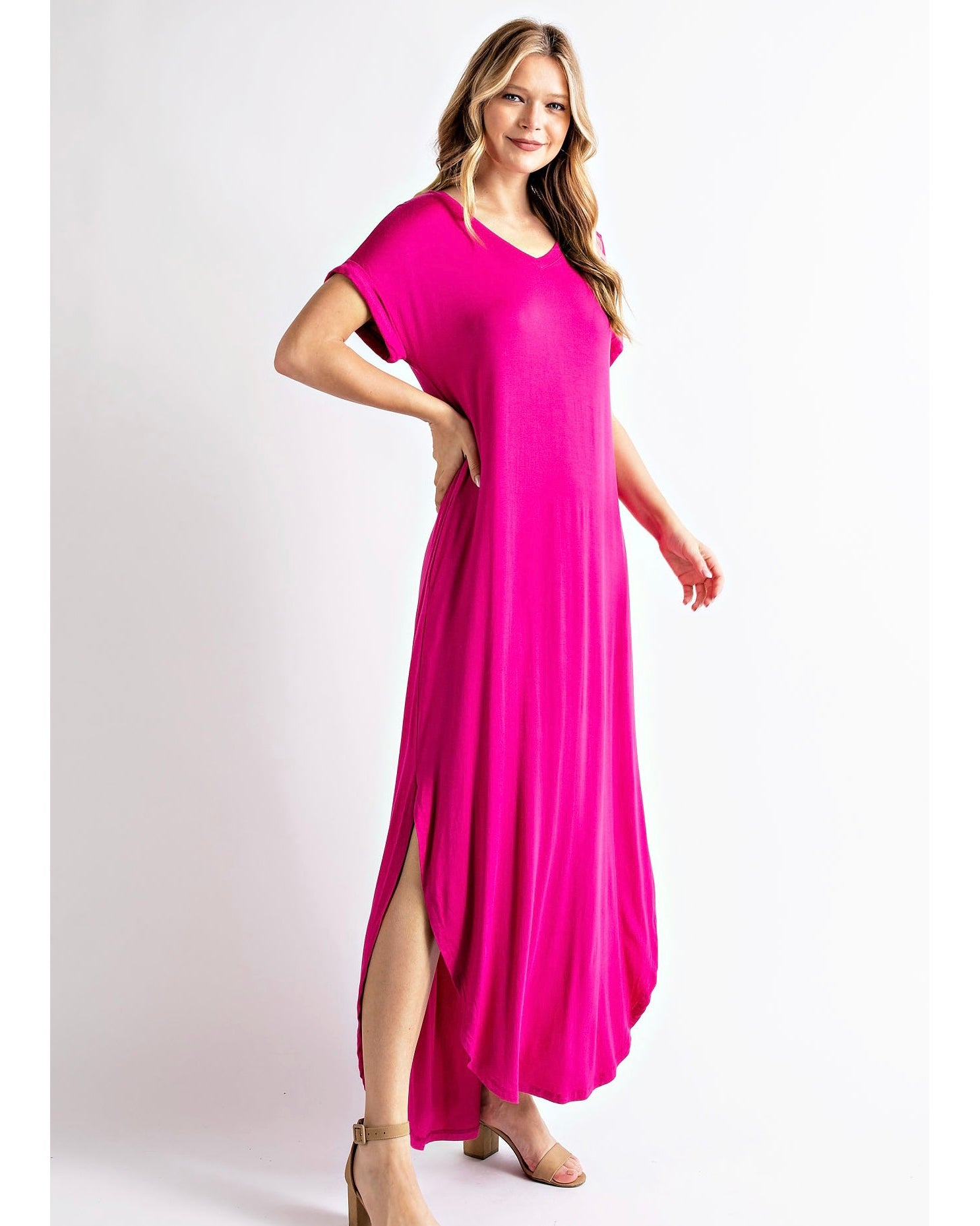 V-NECK MAXI DRESS - Fuchsia