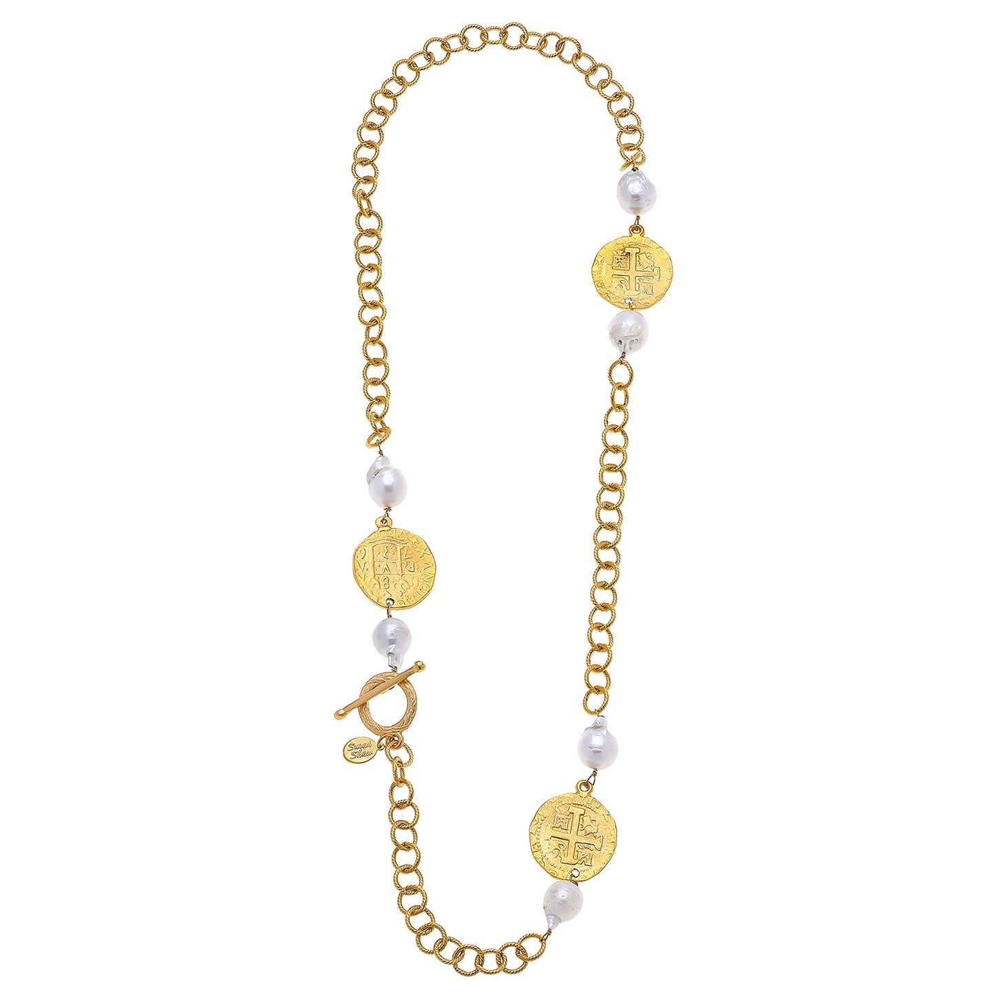 CROSS COIN & PEARL TOGGLE NECKLACE