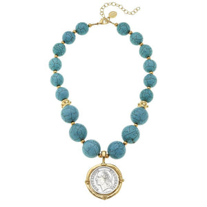 MIXED METAL COIN TURQUOISE BALL NECKLACE