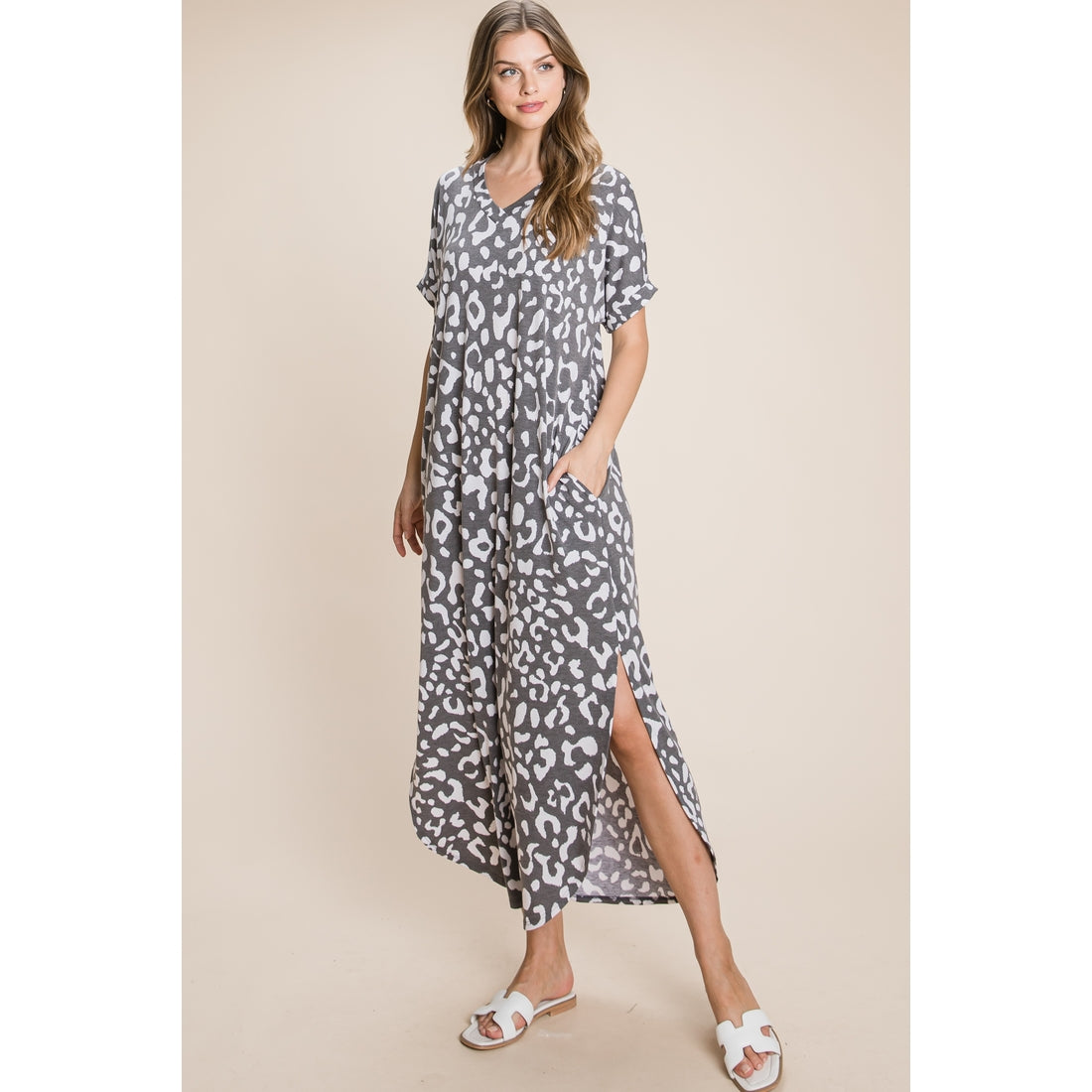 CHEETAH PRINT MAXI DRESS - GREY